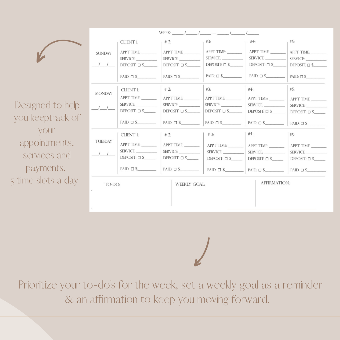 Appointment and task planner sheet with columns for client names, appointment times, services, payments, and a to-do list on a beige background.